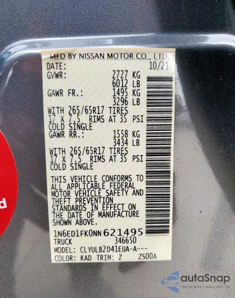 2022 Nissan Frontier Sv z USA, uszkodzony, nr VIN 1N6ED1FK0NN621495